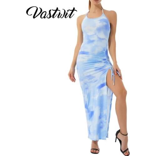 Tie Dye Drawstring Side Slit Women Maxi Dresses Strap Sleeveless Party Club Fashion Slim Backelss Bodycon Halter Dress