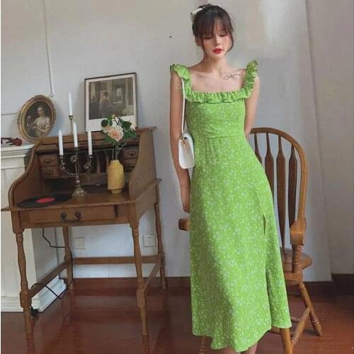 Plus Size Womens French Retro Floral Straps Dress Fairy Green High Waist Slit Long Dress Chiffon Dresses Female