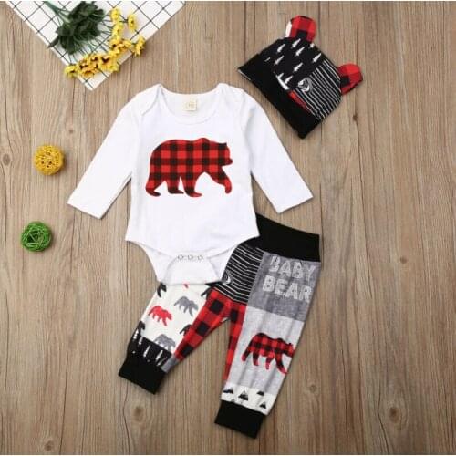 Pudcoco 3PCS Newborn Baby Boy Girl Winter Clothes Long Sleeve Animal Printed Romper Pants Hat Christmas Outfits