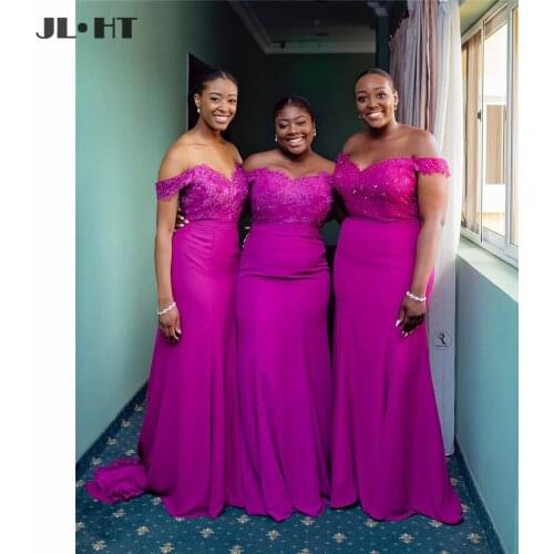 2021 Black Women Wedding Party Gown with Lace Appliques Beaded Elastic Satin African Bridesmaid Dresses Long Bridesmaid Gowns