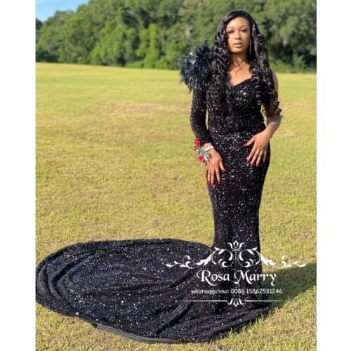 Sparkly Sequined Mermaid Prom Dresses 2021 Plus Size One Shoulder Feather 2K21 Girls Pageant Formal Celebrity Evening Party Gown