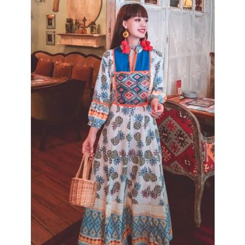Elegant Dress With Long Sleeves Printed Retro Bohemian Tourism Holiday Beach Folk Wind Heavy Embroidered v-Neck Long Style Dress