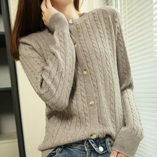 Cardigan womens spring/winter 2021 new cashmere sweater casual solid color stand-up collar sweater 100% wool sweater ladies top