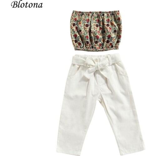 Blotona Stylish 2Pieces Kids Suit Set, Summer Floral Print Sleeveless Strapless Pullover Top+ Solid Color Trousers, 1-6 Years