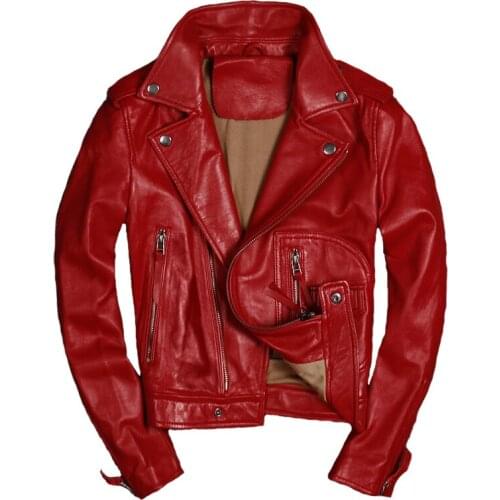 Cool Women Genuine Leather Jacket Coat Sheepskin Motorcycle Biker Real Leather Jacket Slim Fit Female Ladies Outerwear Black Red