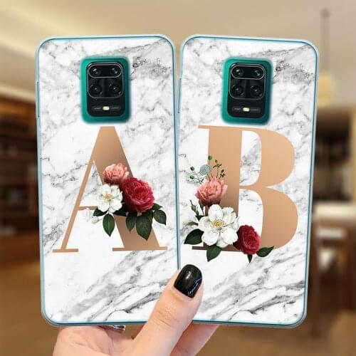 Marble Floral 26 Alphabet Letter A to Z Phone Case For Xiaomi Redmi Note 9S 7 8 9 Note9 Pro 8T 9C Soft Silicone Back Cover