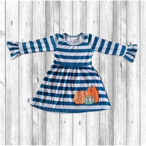 Halloween Day Outfits Boutique Girls Clothing Toddler Kids blue stripe embroidery Pumpkin Ruffles Milk Silk Dress