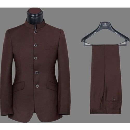 New Arrival Five Buttons Groomsmen Mandarin Lapel Groom Tuxedos Men Suits Wedding/Prom Best Blazer ( Jacket+Pants+Tie) D100