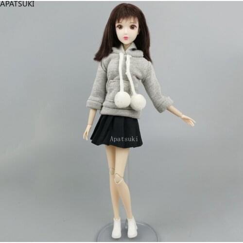 Gray Top Hoodies Sweatshirt Black Pleated Skirt for Barbie Doll Clothes Set Suit Outfits for 1/6 BJD Dolls Accessories Kids Toys