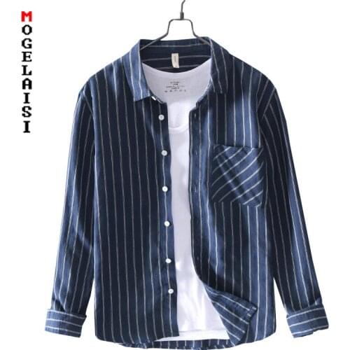 Camisa masculina 2019 Spring man shirt linen cotton comfortable striped shirt men long sleeve Breathable pocket tops LZ-767