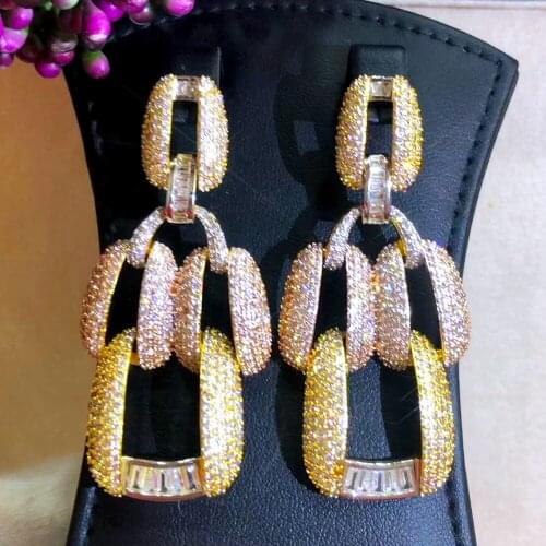 High Quality Luxury Dubai Europe Square Pendant Earrings Full Shiny CZ Bride Wedding Party Show Big Earring Girls Gift Jewelry