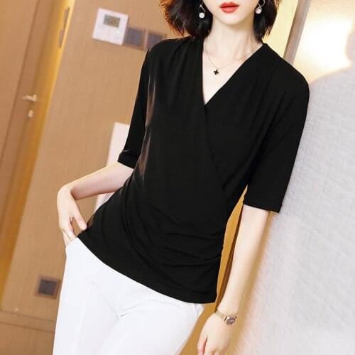 Womens Spring Summer Style Modal Blouse Shirt Womens Elegant Solid Color V-Neck Short Sleeve Korean Casual Tops SP928