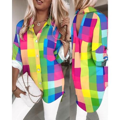 Spring Autumn Women Colorblock Chain Decor Buttoned Design Casual Shirt 2021 Femme Colorful Plaid Top Ladies y2k Blouse traf