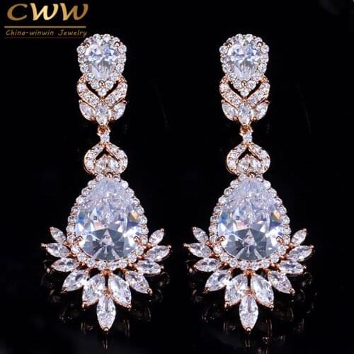 CWWZircons Top Quality Cubic Zirconia Rose Gold Color Big Long Dangle Drop Bridal Wedding Earrings Jewelry for Women CZ151