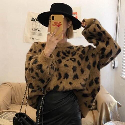 Winter Warm Mohair Wool Sweaters Women Sexy Leopard Loose Pullover Round Collar Knitting Jumpers Oversize Chic Vintage Outerwear
