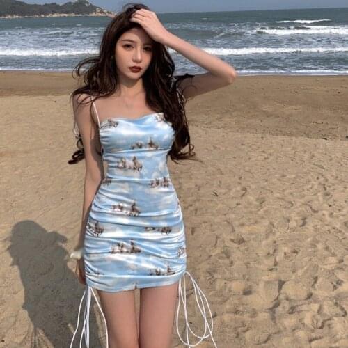 2021 Summer Korean Sexy Sleeveless Suspender Beach Dresses Womens Print Backless Bandage Slim Dress