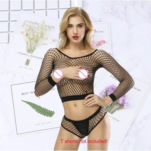 Women fishnet Sexy lingerie female hollow Mesh top with briefs sex split suit T-shorts inside not included
