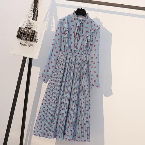 2021 spring and summer new womens chiffon dress polka dot mid-length bow dress women