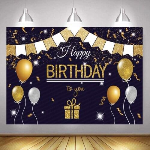 Gold Happy Birthday Party Women Photo Backdrop Black Gold Balloon Adult Men Photography Background Shining Banner Photocall Prop