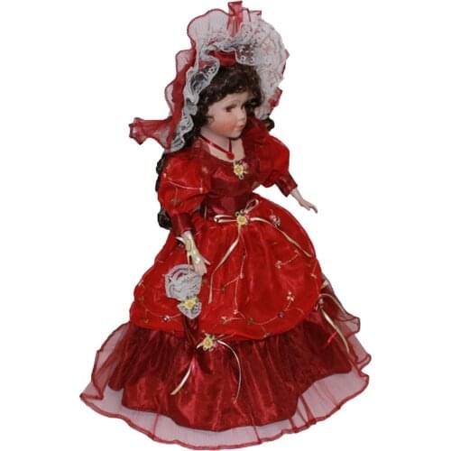 40cm Victorian Porcelain Female Doll Model In Red Long Dress Hat Home Decor