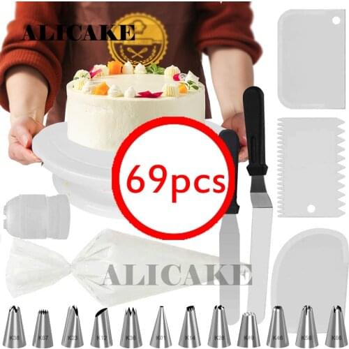 69 Pcs Cake Decorating Tools With Cake Turntable Disposable Pastry Bags Piping Tips Icing Spatula Icing Smoother And Coupler