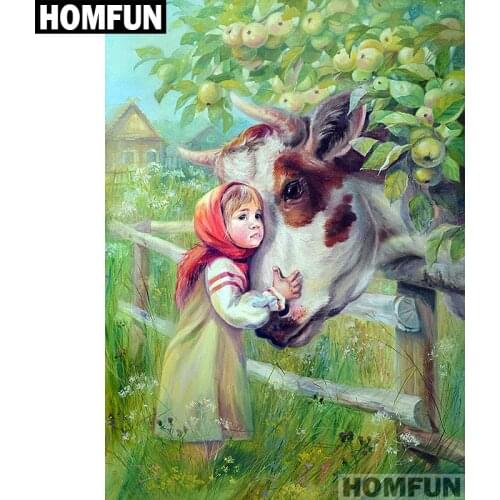 HOMFUN Full Square/Round Drill 5D DIY Diamond Painting "Girl & cow" Embroidery Cross Stitch 5D Home Decor Gift A01512