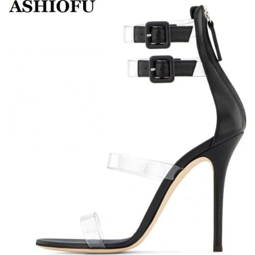 ASHIOFU Handmade 2020 Womens Stiletto Heeled Sandals PVC Striped Sexy Party Prom Summer Shoes Evening Night-club Fashion Sandal