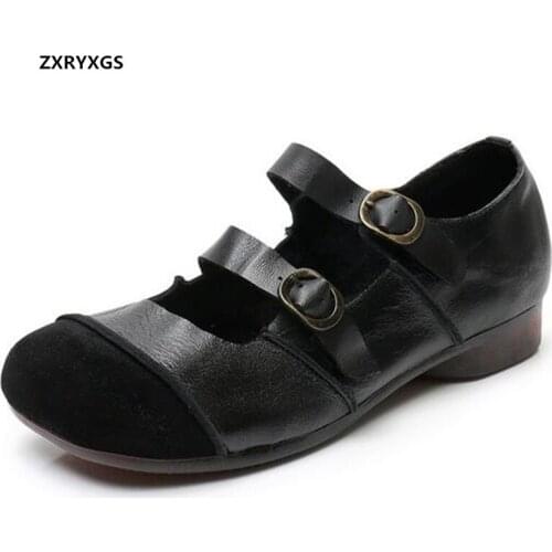 Promotion 2021 New Classic Retro Splicing Genuine Leather Mother Flat Shoes Comfort Soft Large Size Grandma Shoes Women Flats