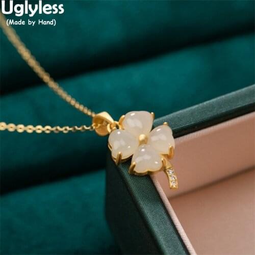 Uglyless Heart-shape Jade Clover Pendants for Women Lucky Gifts Jewelry Natural Hotan White Jade Necklaces NO Chains 925 Silver
