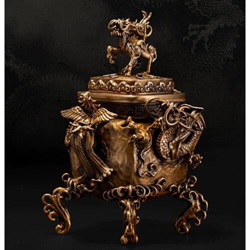OGRM Crafts Bronze Dragon Phoenix Kylin Burner Incense Chinese Feng Shui Mascot Ming Qing Dynasties Classical Incense Figure