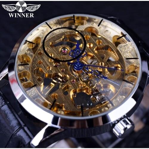 Winner Transparent Blue Hands Skeleton Golden Dial Wristwatch Mens Watches Top Brand Luxury Fashion Men Casual Mechanical Watch