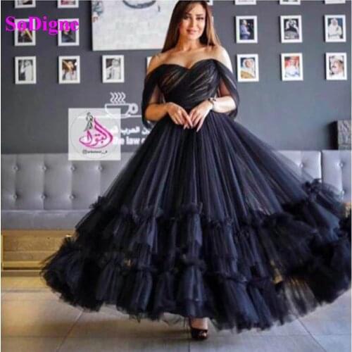 SoDigne Black Prom Dresses Off The Shoulder Tiered Tulle Formal Graduation Dress Custom Made Dubai Party Gown