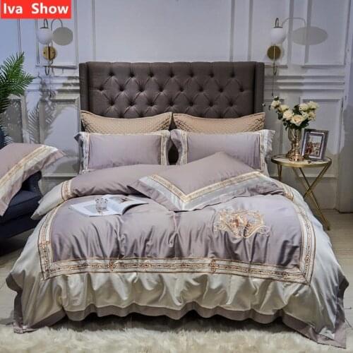 Iva Show Light Grey Long-staple Cotton Bedding Set European Style Bed Set Embroidery Pillowcases Queen King Size Bed Four-pieces