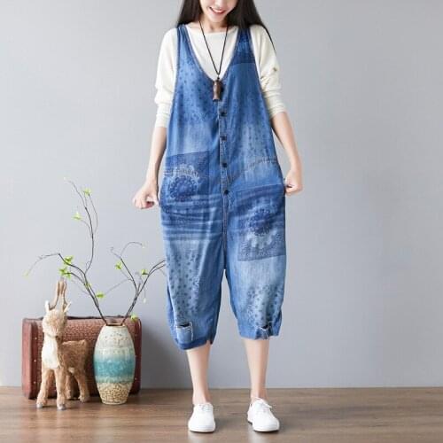 Baggy Denim Sleeveless Jumpsuits New V neck Button Jeans Overalls Ripped Hole Printed Rompers Bib Wide leg Trousers Female YT097