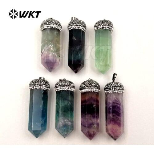 NP301 Fashion WKT New Pendant Natural Colorful Fluorite Pendant With Rhinestone Pave Pendant For Women Necklace Making Pendant