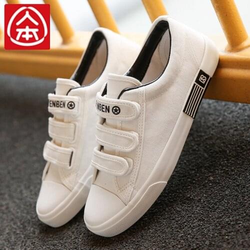 Mens Hook/Loop Shoes In The Summer Youth Recreational Joker Students Flat Shoes White Canvas Mens Shoes