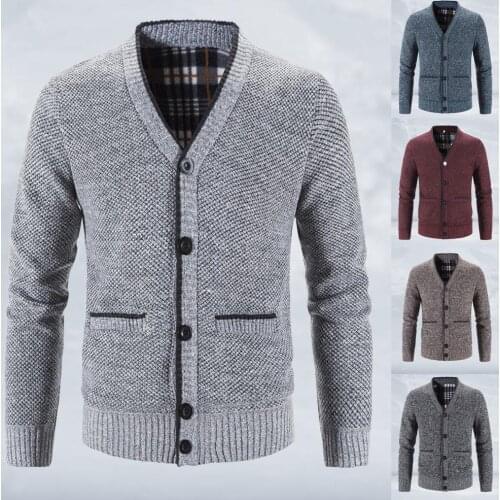 Men Knitted Coat Solid Color V Neck Autumn Winter Thicken Plush Warm Cardigan Sweater for Daily Wear