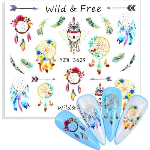 1 Sheet Dream Catcher Water Sticker Feather Wolf Color Nail Art Transfer Decals Tips Watermark Slider Manicure Tools