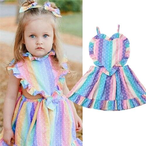 2019 New Summer Dress Toddler Kids Baby Girls Lovely Birthday Clothes Colourful Striped Off-shoulder Heart Party Gown Dresses