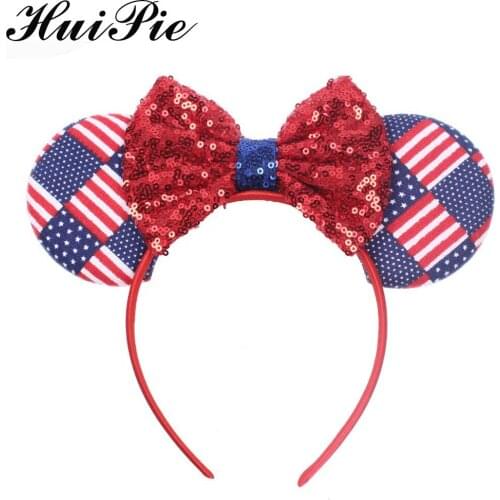 2020 New Mouse Ears American July 4th Sequins Hair Bow Headband Hair Accessories Hairband For Women/Girl One size Headwear