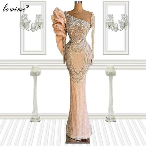 Long Sleeves Beads Celebrity Dresses 2021 Mermaid Dubai Runaway Red Carpet Dresses Evening Wear Wedding Party Dresses For Women