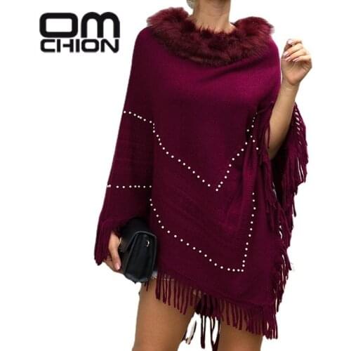 OMCHION Fur Collar Oversized Poncho 2021 Winter New Fashion Tassel Shawl Cloak Beading Elegant Womens Sweater Soft Knitted Coat
