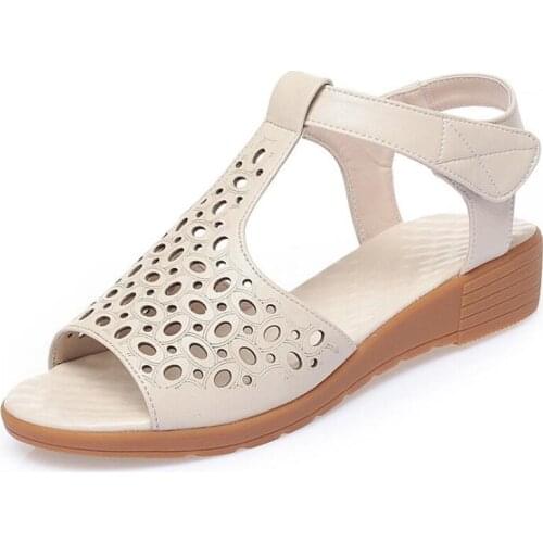 2020 New Summer Fish Mouth Hollow Women Genuine Leather Sandals Soft Bottom Non-slip Wedge Sandals Soft Comfort Fashion Sandals