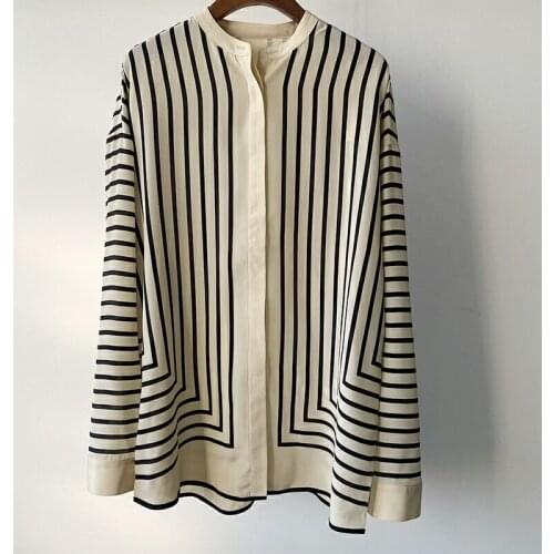 Silk shirt fashion design geometric stripe mulberry silk loose Long Sleeve blouse Shirt