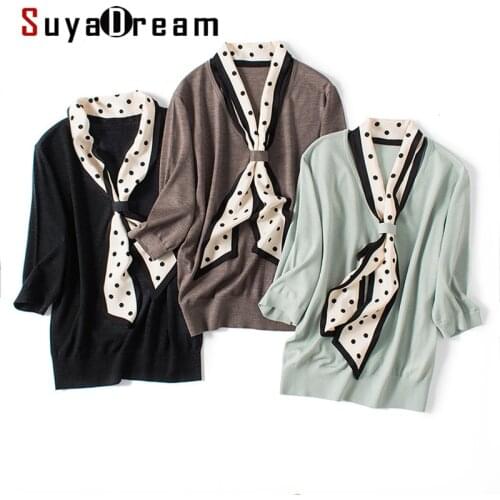 SuyaDream Women 100%Merino Wool Sweaters 2021 Winter Silk Scarf Collar Comfortable Pullovers 2021 Fall Winter Chic Top
