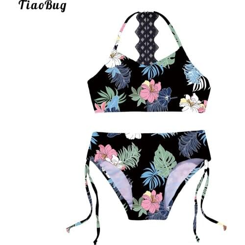 TiaoBug Fashion Summer 2Pcs Kids Girls Floral Printed Swimwear Bikini Set Sleeveless Top Swim Trunks Swimsuit Beach Bathing Suit