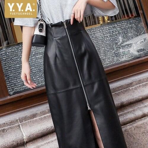 High Waist Front Zip Split Sheepskin Midi Skirts Women Street Sweet Fashion Genuine Leather Mid-Calf Skirt Office Lady Skirts