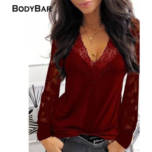 Sexy Lace Stitching T-shirt Wine Red Vintage V-neck Long-sleeved Top Female Loose Party T Shirts Spring Chic Women Pullovers Tee