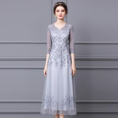 XXXL Long Evening Vestidos 2021 Spring Summer Party Event Women V-Neck Luxurious Embroidery Grey Blue Apricot Maxi Gown Dress