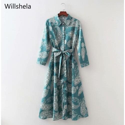 2021 Women Vintage Printed Shirt Dress with Sashes Fashion Lapel Long Sleeves Chic Lady Elegant Woman Midi Long Dresses Robe